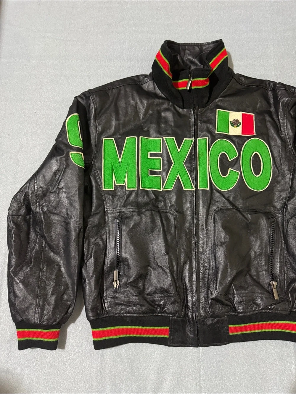 Summer2010 Black Leather 'MEXICO' Jacket with Green Lettering and Flag Patch